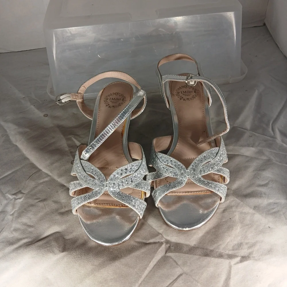 I. Miller Wedge Sandals 6M Silver Glitter Metallic Evening Formal Wedding Glam